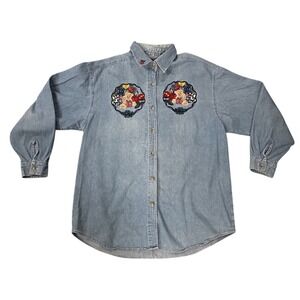 Quizz Again Denim Shirt Womens Large Blue Christmas Teddy Bear Embroidered‎